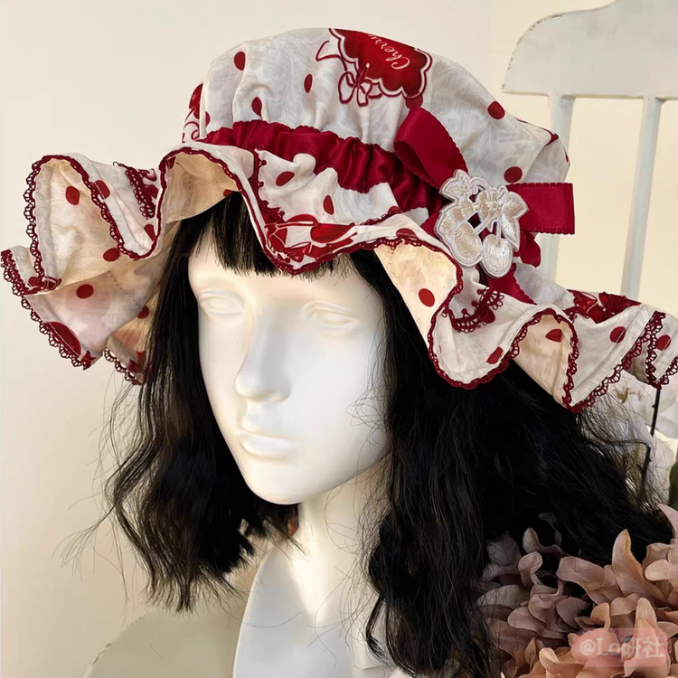 樱桃纹章 印花刺绣baby帽（纯色暗纹/红波点）