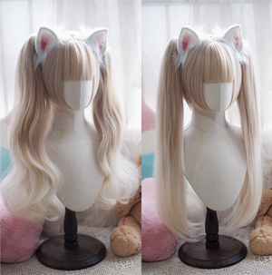 洛丽塔双马尾虎口夹可拆70cm自然黑渐变金白色直卷假发