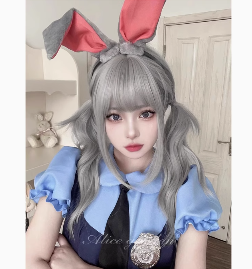 AG假发女长发网红全头套式大波浪lolita可爱自然齐刘海银灰长卷发